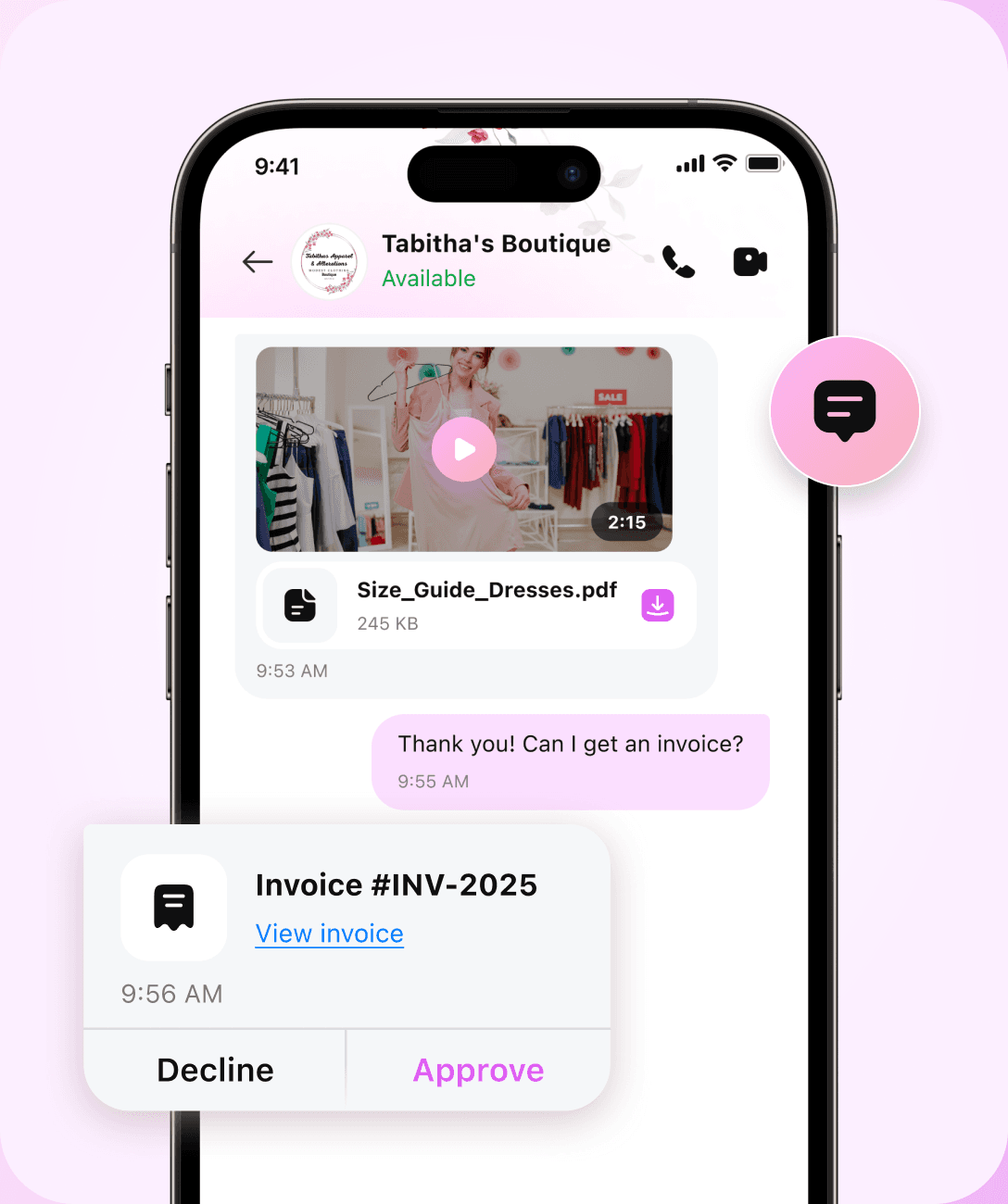The Tabithas app chat thread: a live-session clip, a size guide PDF, and an invoice with Decline and Approve actions.