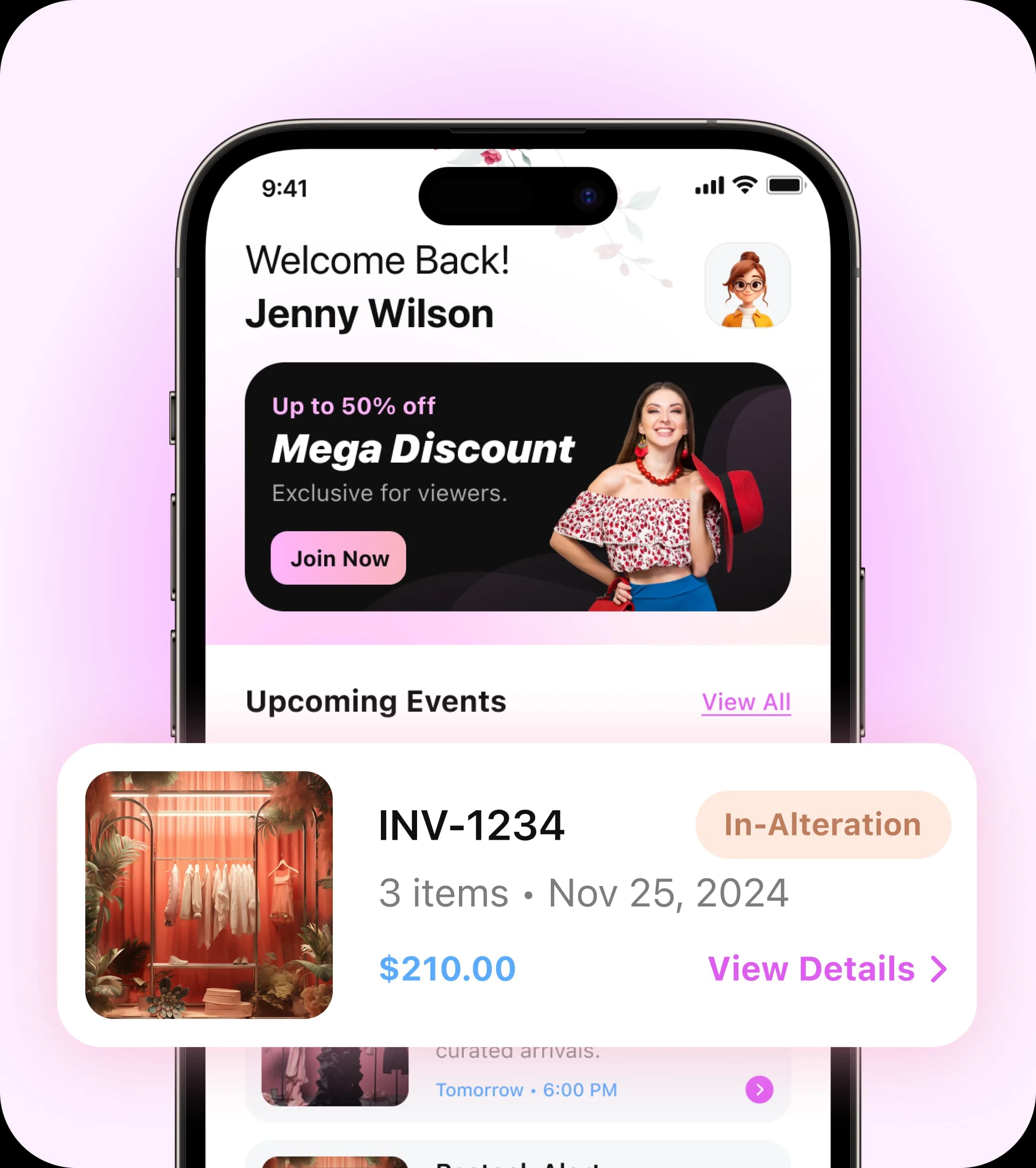 The Tabithas app home screen with a welcome message, a discount banner, upcoming events, and an invoice card showing INV-1234 in alteration.